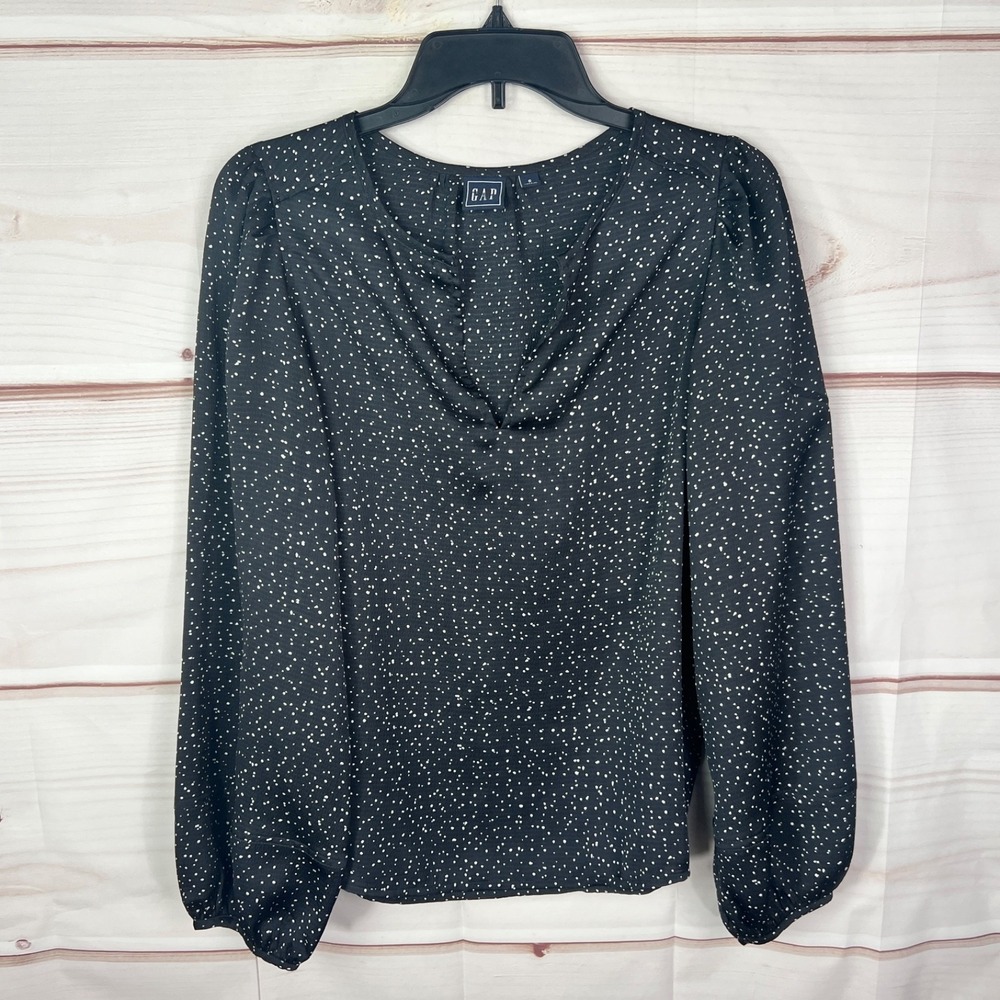 Gap Top Women Small Black Satin Dot Print Blouse Long Sleeve Pullover Split Neck